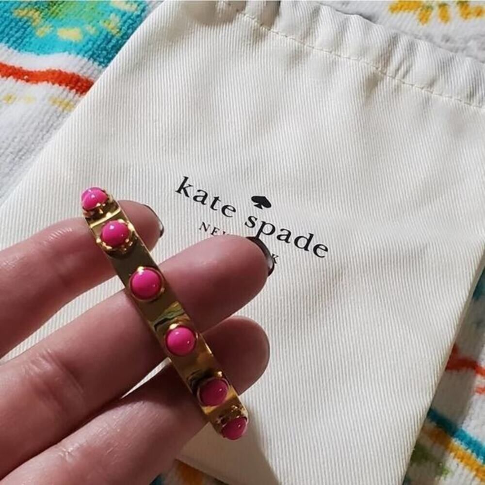 Kate Spade New York Gold Tone Pink Cabochon Studded Cuff Bracelet with Dust Bag - Picture 2 of 5